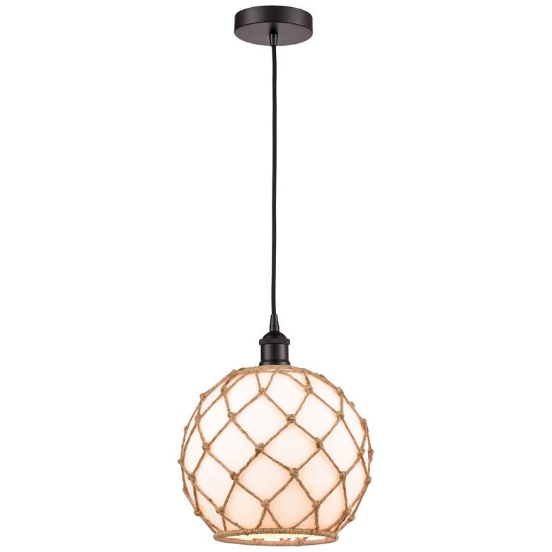 Image 1 Farmhouse 10" Bronze Mini Pendant w/ White Glass with Brown Rope Shade