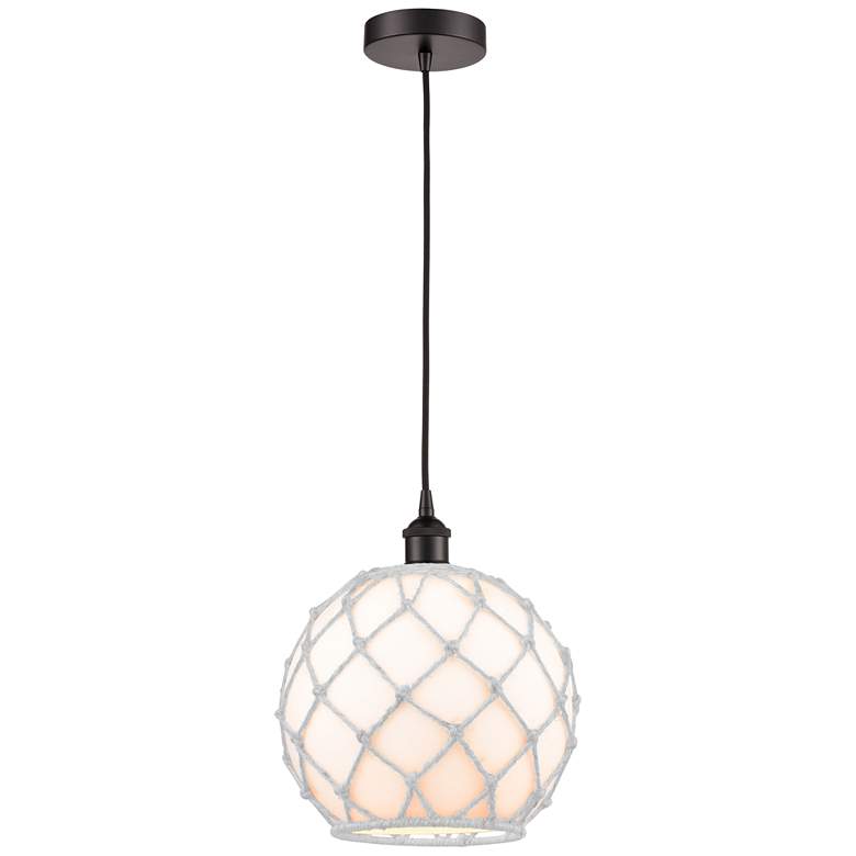 Image 1 Farmhouse 10" Bronze Mini Pendant w/ White Glass with White Rope Shade