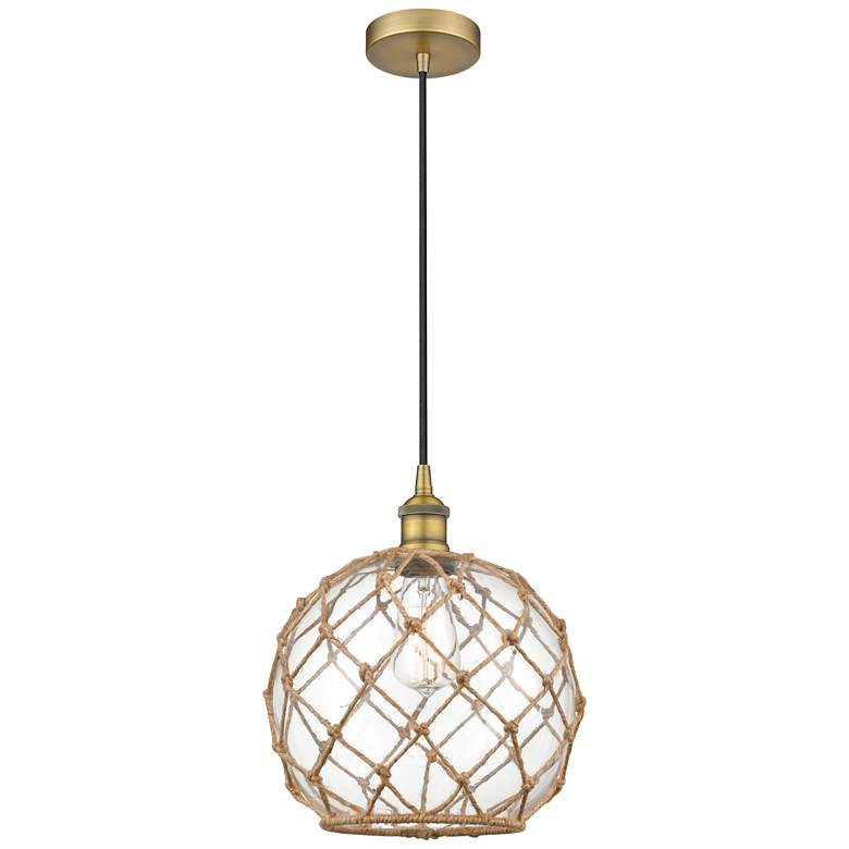 Image 1 Farmhouse 10" Brushed Brass Mini Pendant w/ Clear & Brown Rope Sha