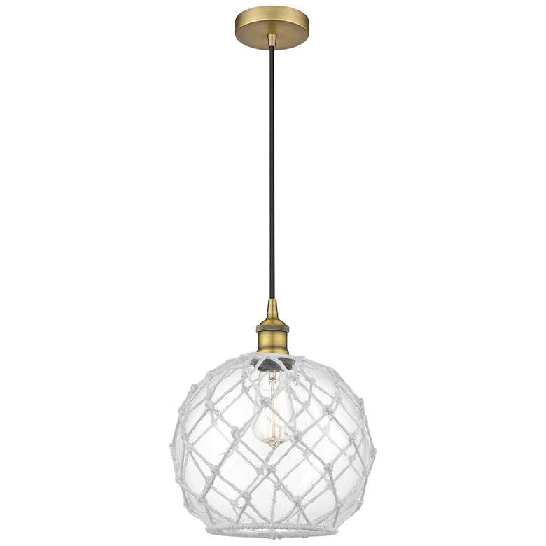 Image 1 Farmhouse 10" Brushed Brass Mini Pendant w/ Clear & White Rope Sha