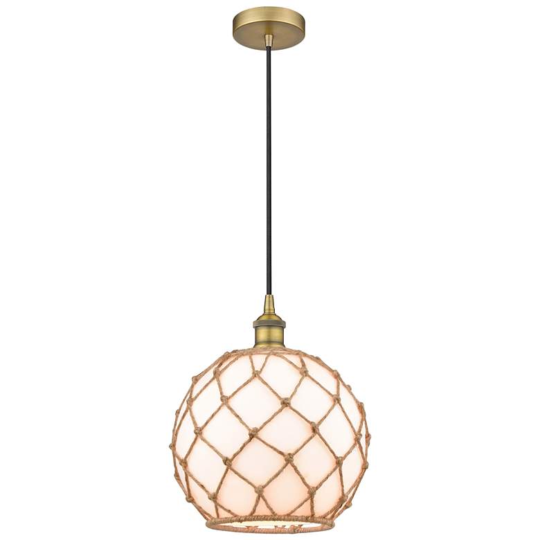 Image 1 Farmhouse 10" Brushed Brass Mini Pendant w/ White & Brown Rope Sha