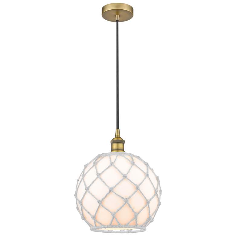 Image 1 Farmhouse 10" Brushed Brass Mini Pendant w/ White Rope Shade