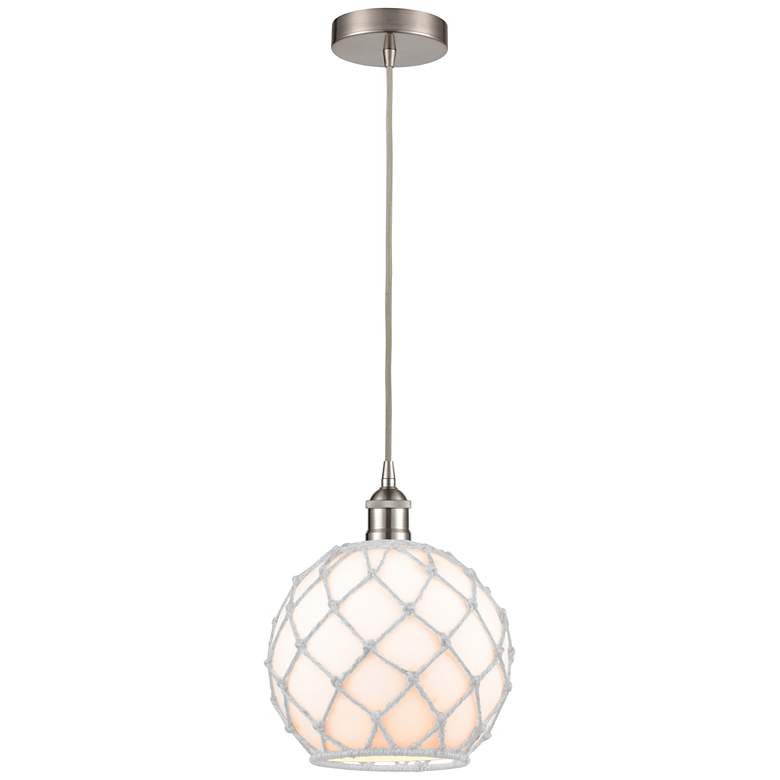 Image 1 Farmhouse 10" Brushed Nickel Mini Pendant w/ White Rope Shade