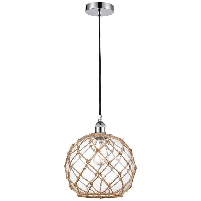 Image 1 Farmhouse 10" Chrome Mini Pendant w/ Clear Glass with Brown Rope Shade