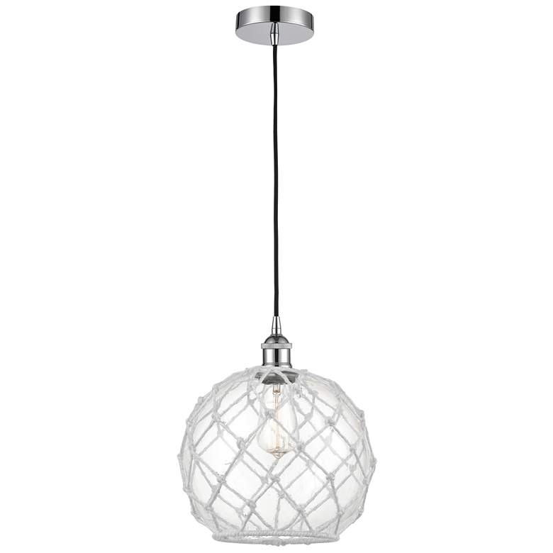Image 1 Farmhouse 10" Chrome Mini Pendant w/ Clear Glass with White Rope Shade