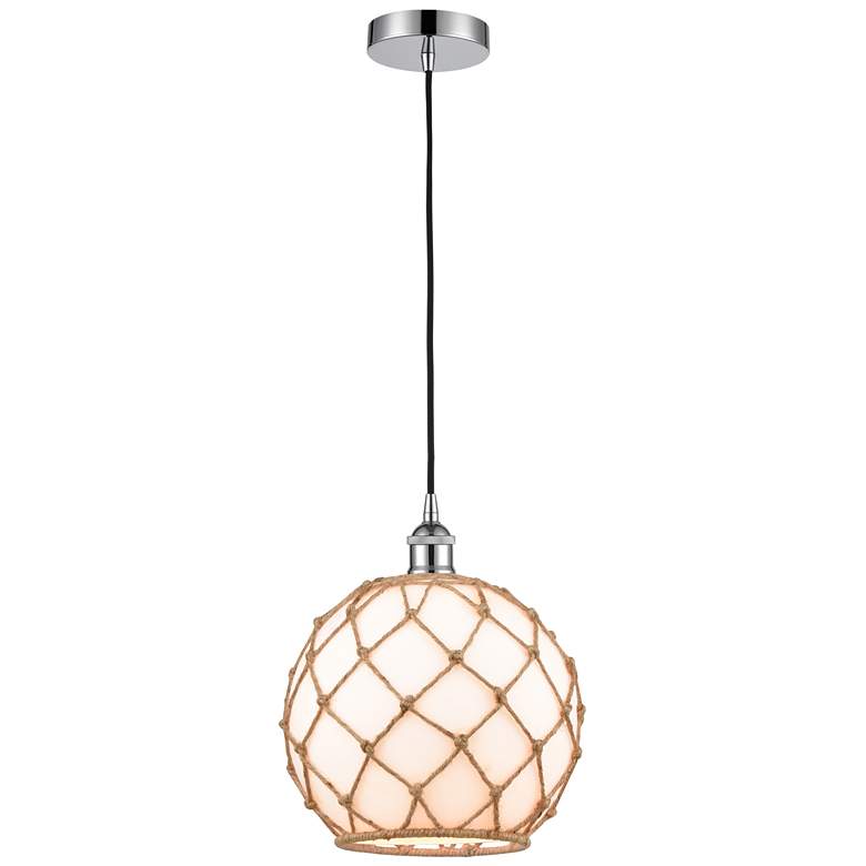 Image 1 Farmhouse 10" Chrome Mini Pendant w/ White Glass with Brown Rope Shade
