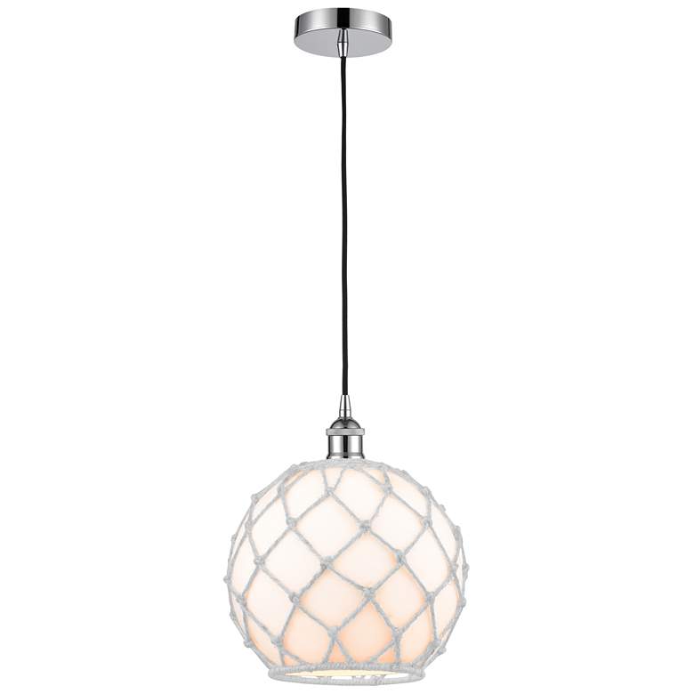 Image 1 Farmhouse 10" Chrome Mini Pendant w/ White Glass with White Rope Shade