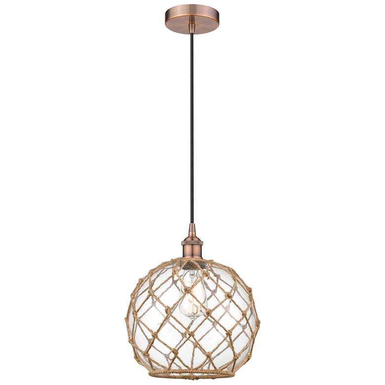 Image 1 Farmhouse 10" Copper Mini Pendant w/ Clear Glass with Brown Rope Shade