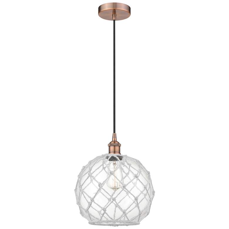Image 1 Farmhouse 10" Copper Mini Pendant w/ Clear Glass with White Rope Shade