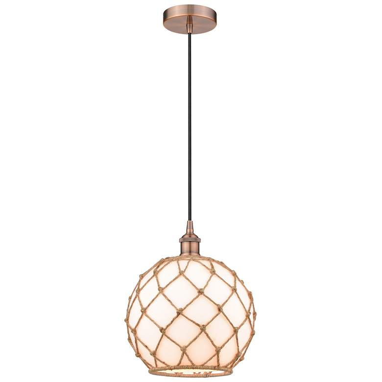 Image 1 Farmhouse 10" Copper Mini Pendant w/ White Glass with Brown Rope Shade