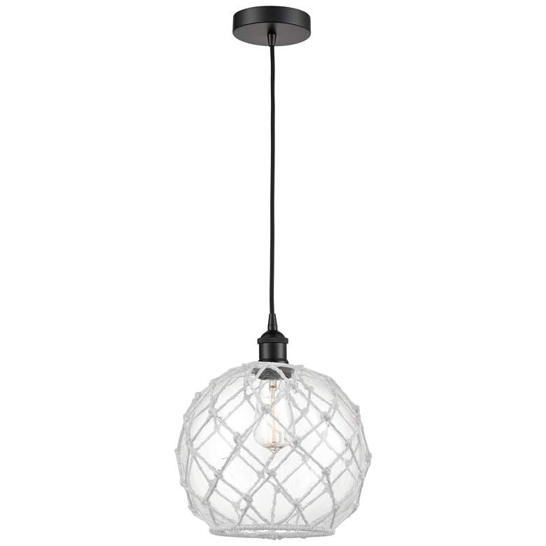 Image 1 Farmhouse 10" Matte Black Mini Pendant w/ Clear Glass with White Rope