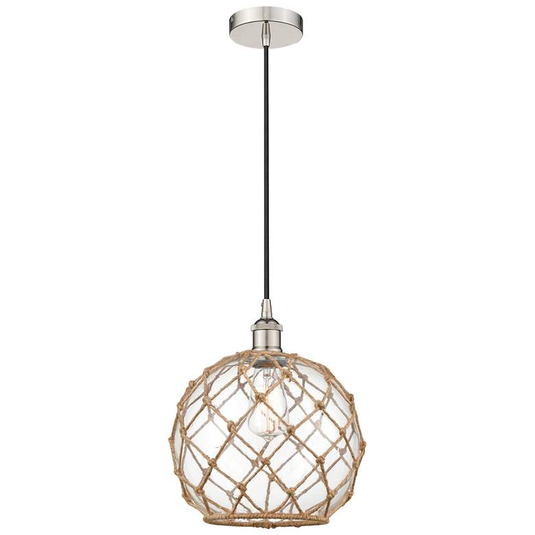 Image 1 Farmhouse 10" Polished Nickel Mini Pendant w/ Clear & Brown Rope S