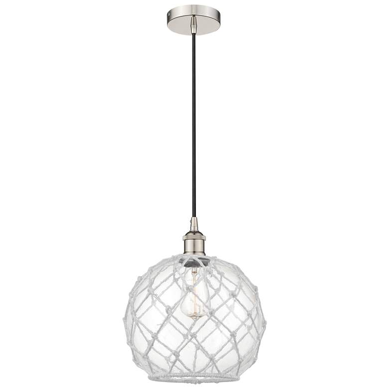 Image 1 Farmhouse 10" Polished Nickel Mini Pendant w/ Clear & White Rope S