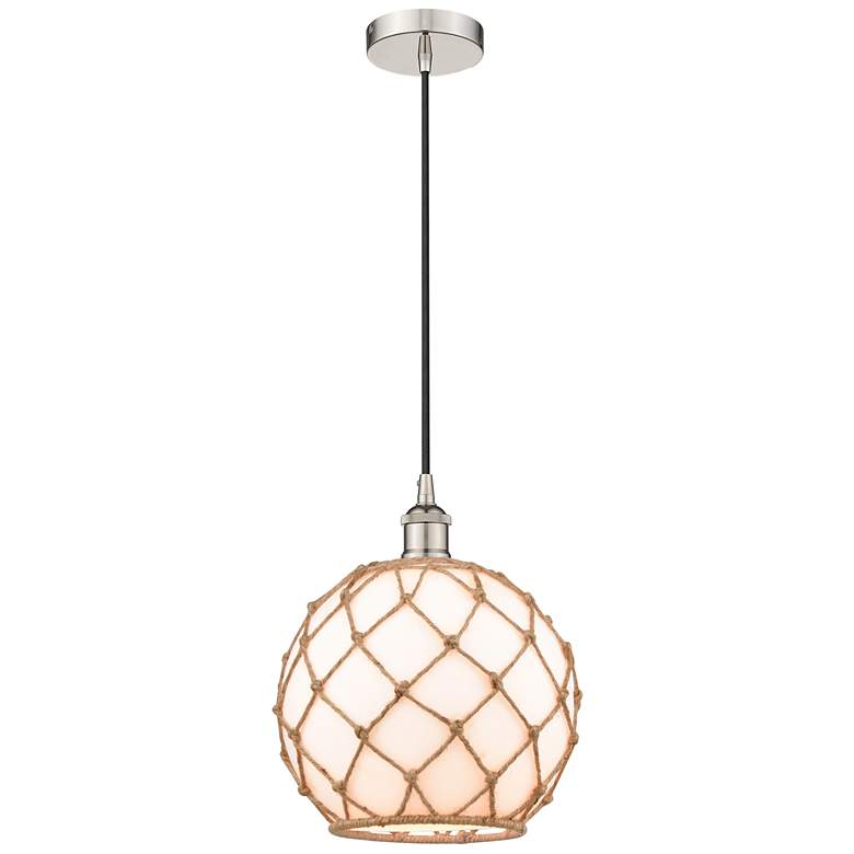 Image 1 Farmhouse 10" Polished Nickel Mini Pendant w/ White & Brown Rope S