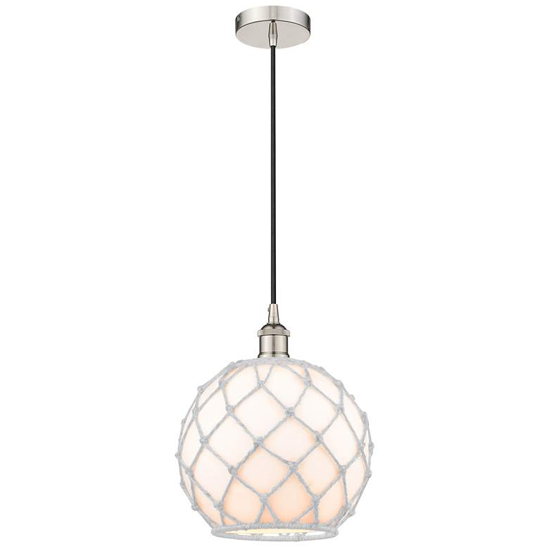 Image 1 Farmhouse 10" Polished Nickel Mini Pendant w/ White Rope Shade