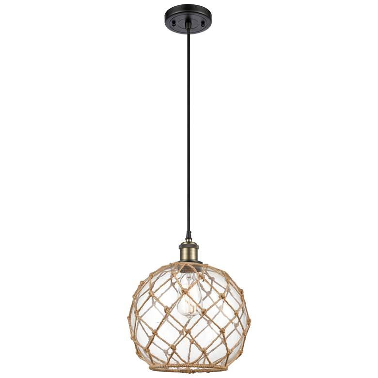 Image 1 Farmhouse 10"W Cord Hung Black Brass Mini Pendant w/ Clear and Brown S