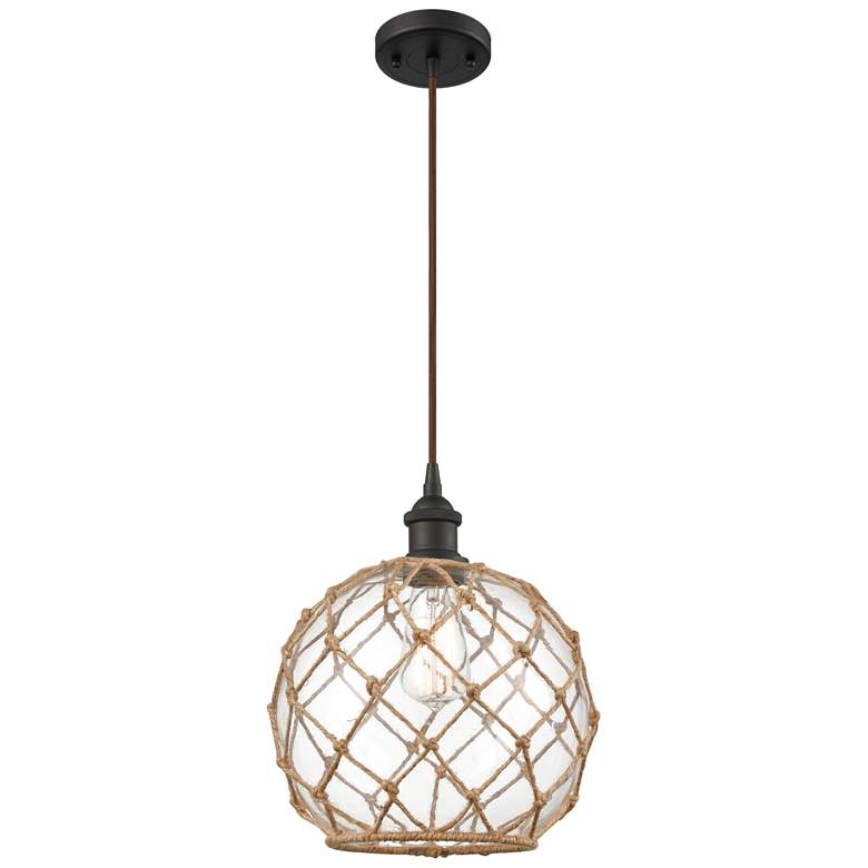 Image 1 Farmhouse 10"W Cord Hung Bronze Mini Pendant w/ Clear and Brown Shade