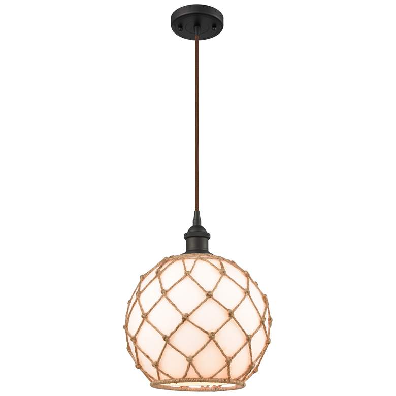 Image 1 Farmhouse 10"W Cord Hung Bronze Mini Pendant w/ White and Brown Shade