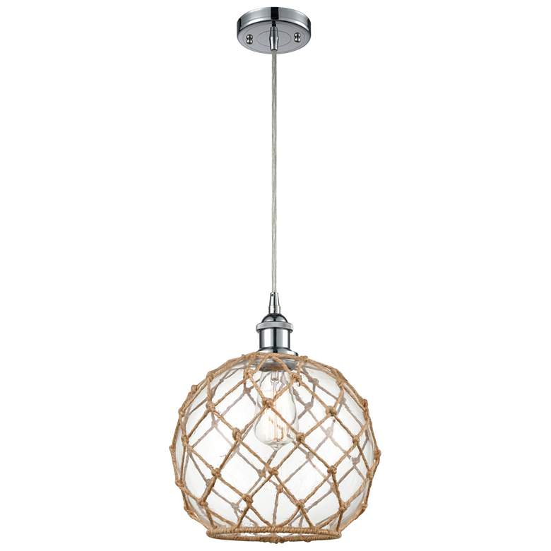 Image 1 Farmhouse 10"W Cord Hung Chrome Mini Pendant w/ Clear and Brown Shade