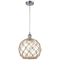Farmhouse 10&quot;W Cord Hung Chrome Mini Pendant w/ Clear and Brown Shade