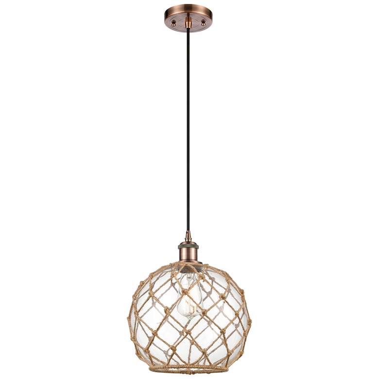 Image 1 Farmhouse 10"W Cord Hung Copper Mini Pendant w/ Clear and Brown Shade