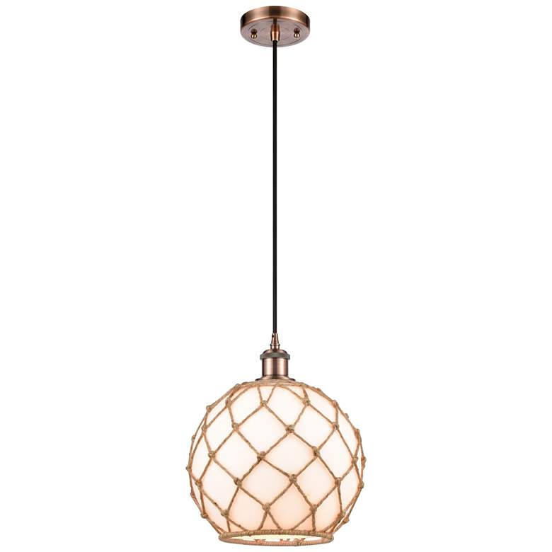 Image 1 Farmhouse 10"W Cord Hung Copper Mini Pendant w/ White and Brown Shade