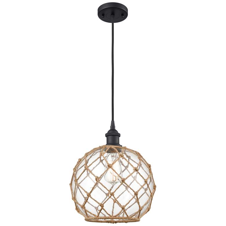Image 1 Farmhouse 10 inchW Cord Hung Matte Black Mini Pendant w/ Clear and Brown S