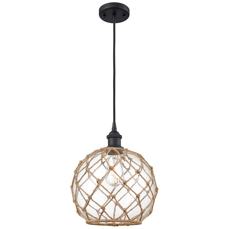 Image 1 Farmhouse 10"W Cord Hung Matte Black Mini Pendant w/ Clear and Brown S