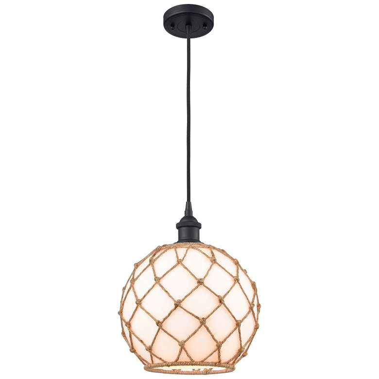 Image 1 Farmhouse 10"W Cord Hung Matte Black Mini Pendant w/ White and Brown S