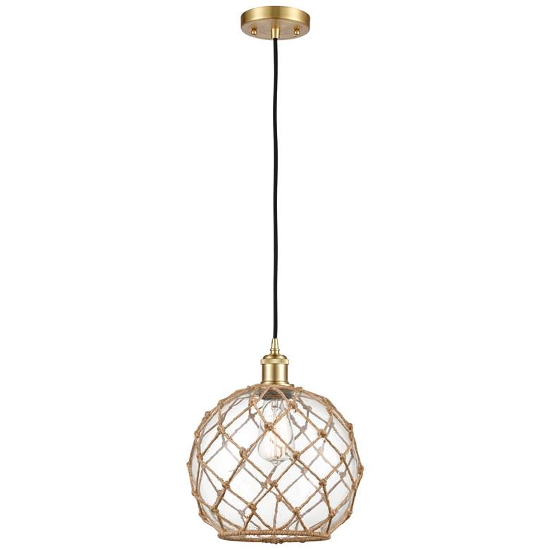 Image 1 Farmhouse 10"W Cord Hung Satin Gold Mini Pendant w/ Clear and Brown Sh