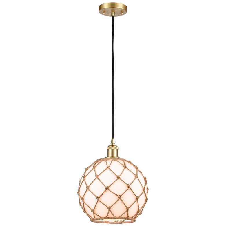 Image 1 Farmhouse 10"W Cord Hung Satin Gold Mini Pendant w/ White and Brown Sh