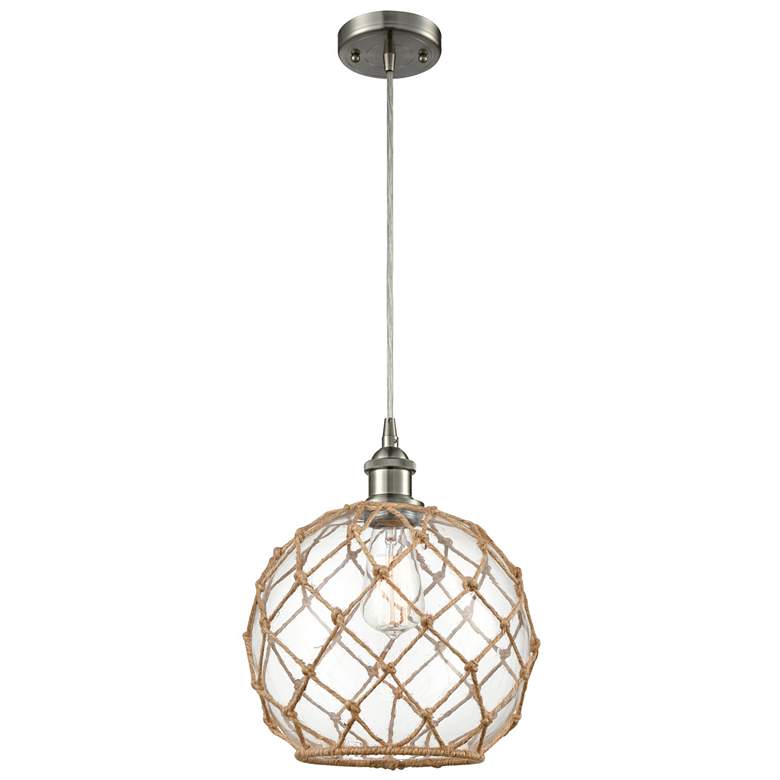 Image 1 Farmhouse 10 inchW Cord Hung Satin Nickel Mini Pendant w/ Clear and Brown 
