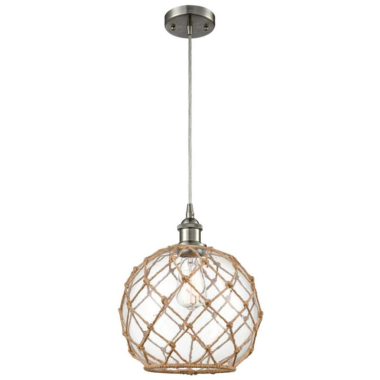 Image 1 Farmhouse 10"W Cord Hung Satin Nickel Mini Pendant w/ Clear and Brown