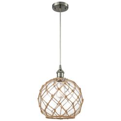 Farmhouse 10&quot;W Cord Hung Satin Nickel Mini Pendant w/ Clear and Brown