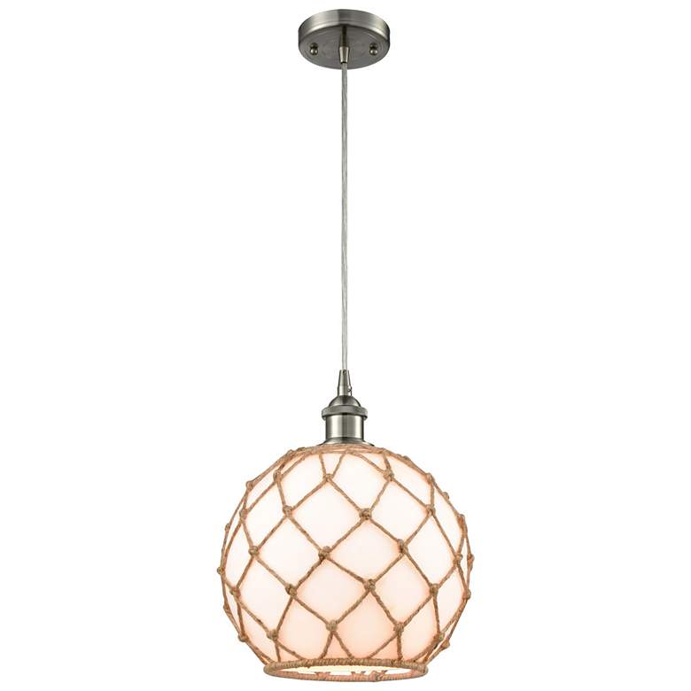 Image 1 Farmhouse 10"W Cord Hung Satin Nickel Mini Pendant w/ White and Brown