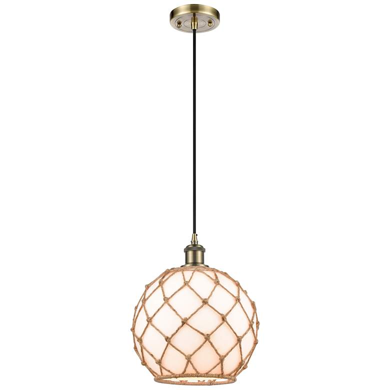 Image 1 Farmhouse 10"W Corded Antique Brass Mini Pendant w/ White and Brown Sh