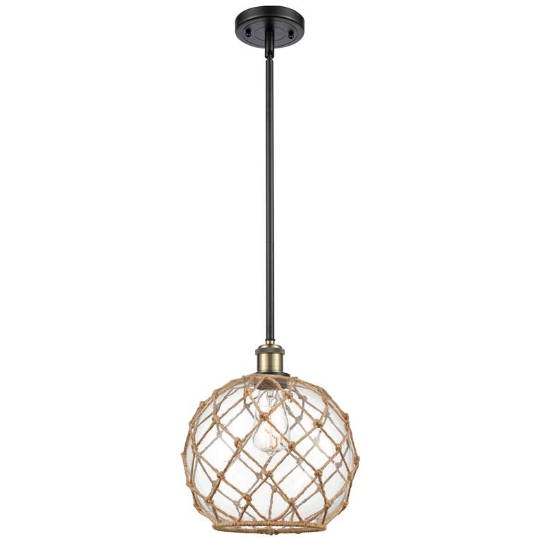 Image 1 Farmhouse 10 inchW Stem Hung Black Brass Mini Pendant w/ Clear and Brown S