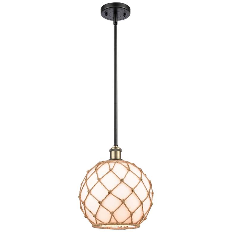 Image 1 Farmhouse 10"W Stem Hung Black Brass Mini Pendant w/ White and Brown S