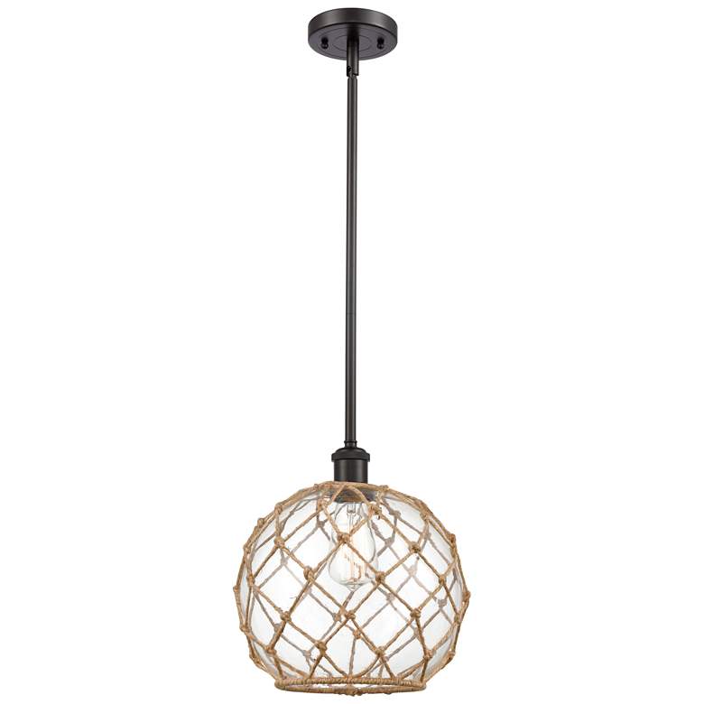 Image 1 Farmhouse 10"W Stem Hung Bronze Mini Pendant w/ Clear and Brown Shade
