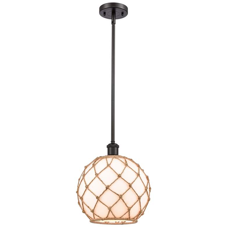 Image 1 Farmhouse 10"W Stem Hung Bronze Mini Pendant w/ White and Brown Shade