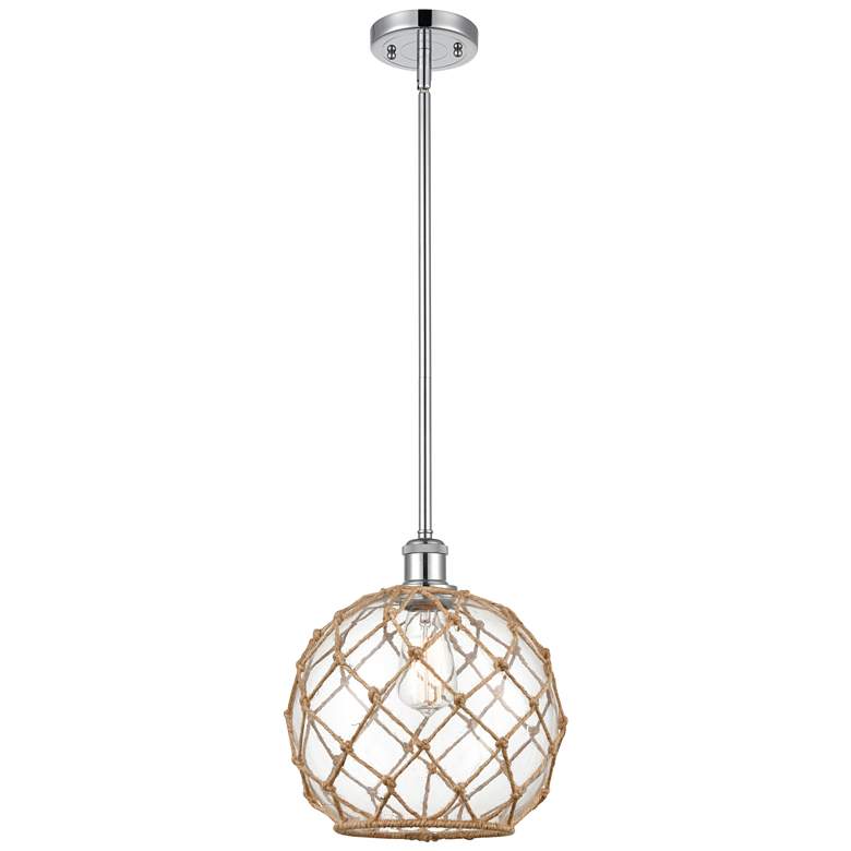 Image 1 Farmhouse 10 inchW Stem Hung Chrome Mini Pendant w/ Clear and Brown Shade