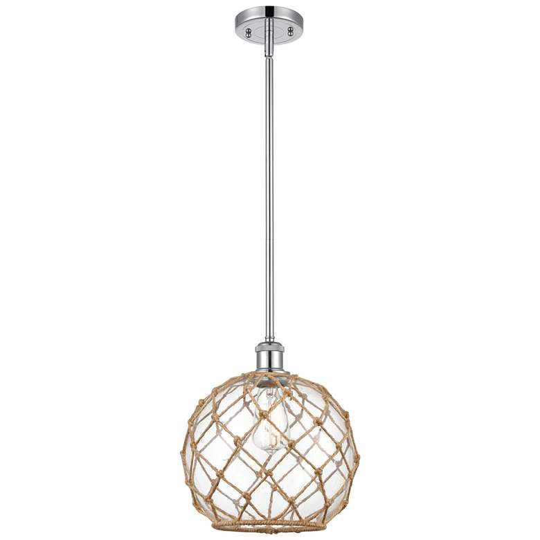 Image 1 Farmhouse 10"W Stem Hung Chrome Mini Pendant w/ Clear and Brown Shade