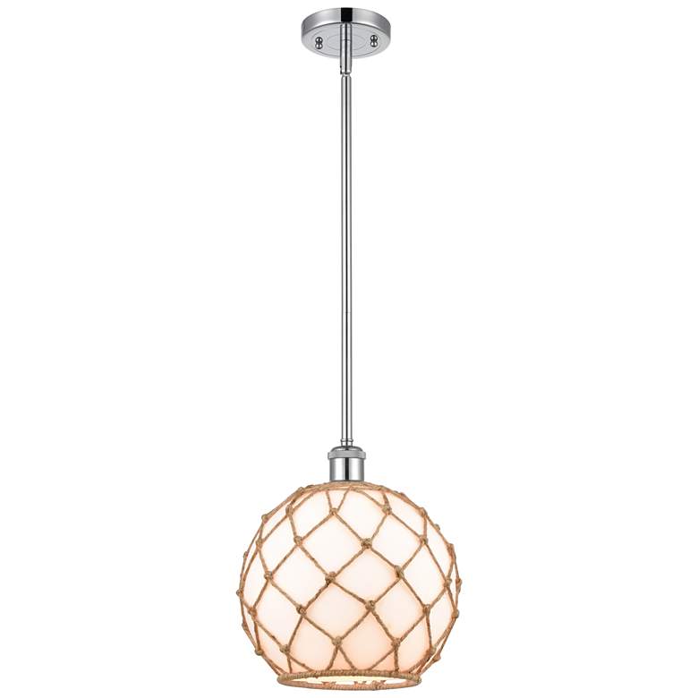 Image 1 Farmhouse 10"W Stem Hung Chrome Mini Pendant w/ White and Brown Shade