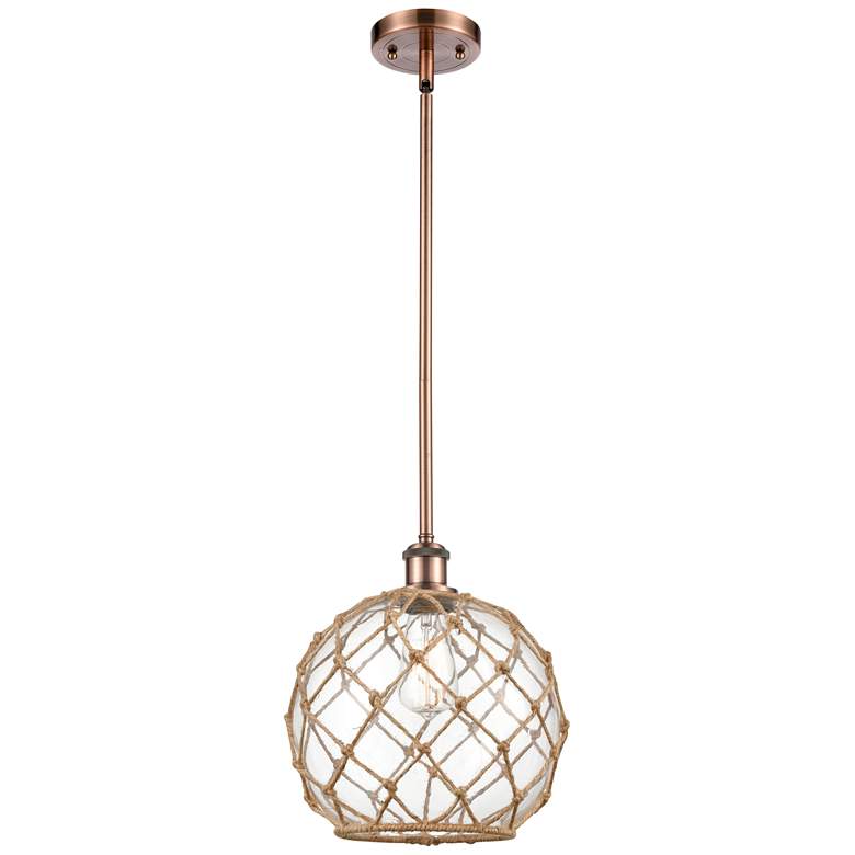 Image 1 Farmhouse 10"W Stem Hung Copper Mini Pendant w/ Clear and Brown Shade