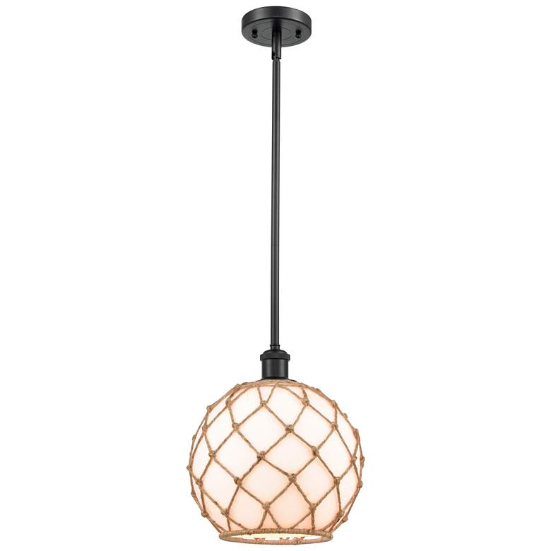 Image 1 Farmhouse 10"W Stem Hung Matte Black Mini Pendant w/ White and Brown S