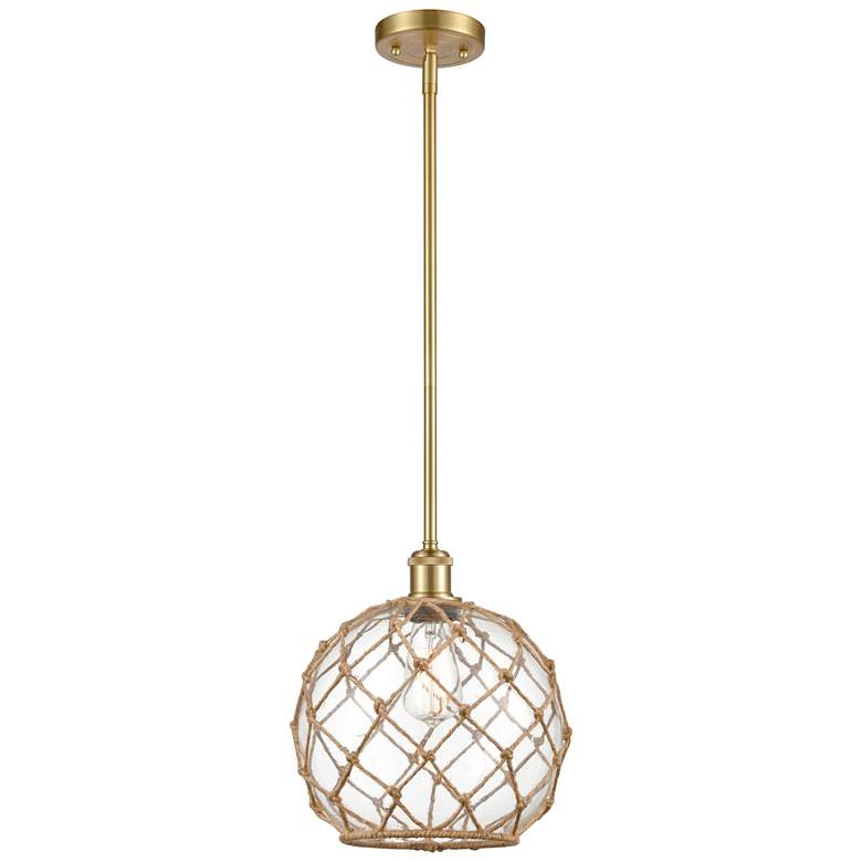 Image 1 Farmhouse 10"W Stem Hung Satin Gold Mini Pendant w/ Clear and Brown Sh