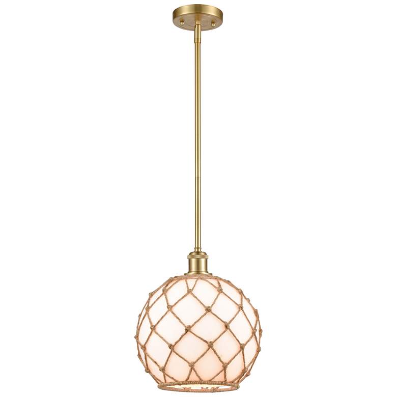 Image 1 Farmhouse 10"W Stem Hung Satin Gold Mini Pendant w/ White and Brown Sh