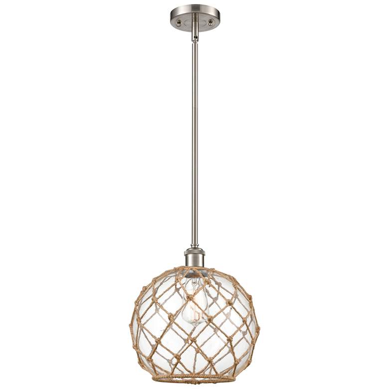 Image 1 Farmhouse 10 inchW Stem Hung Satin Nickel Mini Pendant w/ Clear and Brown 