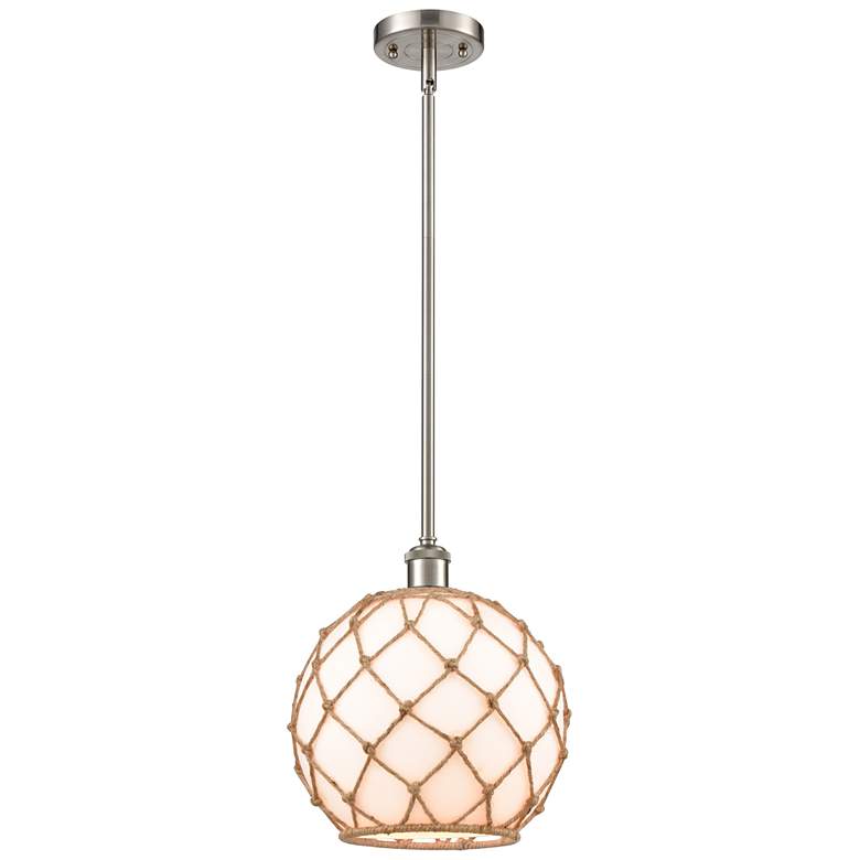 Image 1 Farmhouse 10"W Stem Hung Satin Nickel Mini Pendant w/ White and Brown