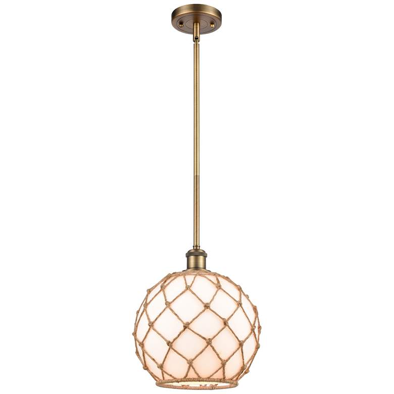 Image 1 Farmhouse 10"W Stemmed Brushed Brass Mini Pendant w/ White and Brown S